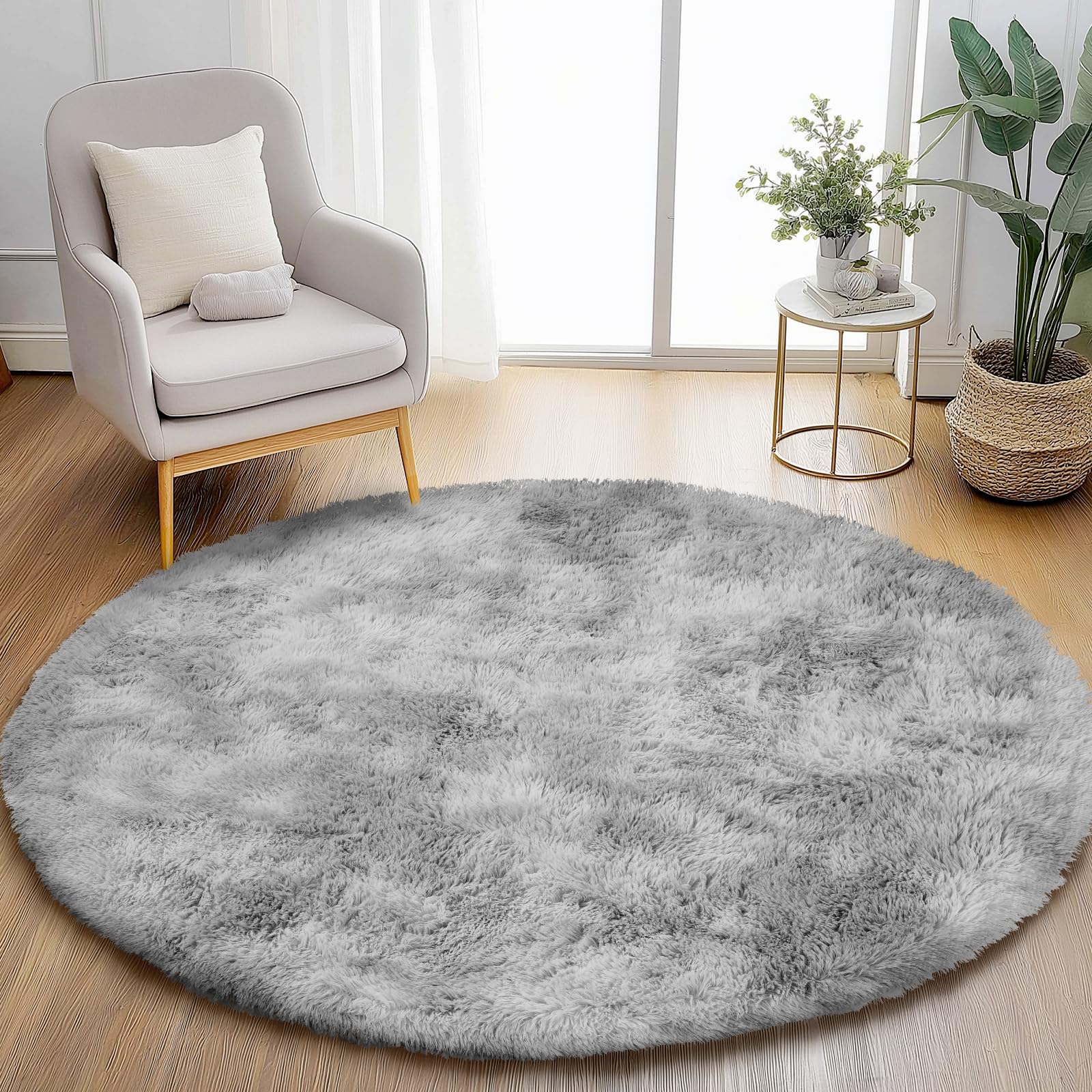 Puremy Round Rug for Bedroom, 5x5 Fluffy Circle Area Rugs for Kids Room, Soft Shaggy Circular Carpet for Nursery Living Room, Non-Slip Home Decor Rug for Teen's Room, Tie-Dye Light Grey