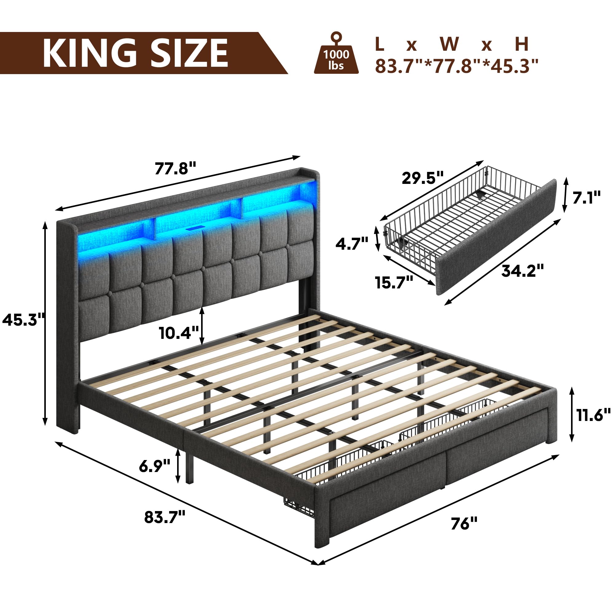 Dolonm LED King Size Bed Frame with 2 Storage Drawers, Upholstered King Bed Frame and Headboard with Charging Station, No Box Spring Needed, Easy Assembly, Dark Gray