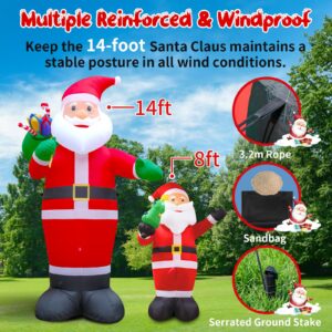 14FT Christmas Inflatable Santa Claus Outdoor Blow Up Yard Decorations,Giant Outside Standing Waterproof Smiling Santa Claus with Gift Bags,Built-in LEDs for Xmas Holiday Party Yard Garden Lawn Decor