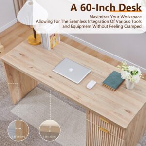 JXQTLINGMU 60" Modern Executive Desk with Storage, Wood Home Office Desk with Drawer & Cabinet, Fluted Computer Writing Desk for Study, Living Room, Bedroom, Natural Oak