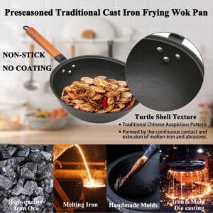 Nonstick Frying Wok Pan Hybrid, 10 Inch Preseasoned Deep Stir Fry Pan Skillet with Glass Lid, Traditional Chinese Cast Iron Wok, No Coated Saucepan for Induction, Electric, Gas, Grill Stoves