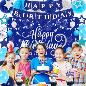 Blue Birthday Decorations, Happy Birthday Party Decorations for Men Women Boys Girls, Happy Birthday Backdrop, Banner, Balloons, Honeycomb Ball, Hanging Swirl, Star Card, Cake Topper, Pompoms 52pcs