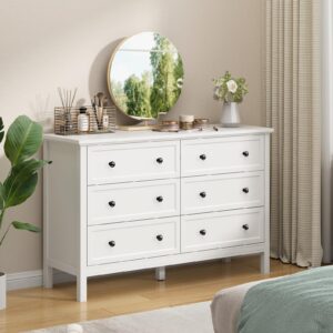 CARPETNAL White Dresser for Bedroom, 6 Drawer Dresser with Wide Drawer and Metal Handles, Wood Dressers & Chests of Drawers for Hallway, Entryway.