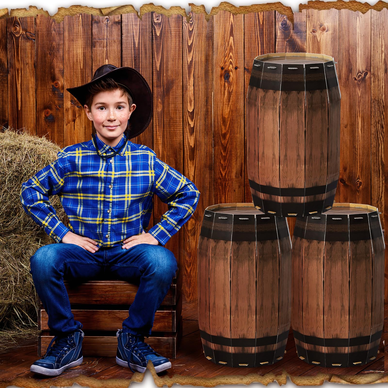 Teenyyou 3 Pcs Western Cowboy Party Decoration Pirate Barrel Decoration Pirate Party Decorations Cowboy Baby Shower Decorations Wooden Barrel Cardboard Barrel Western Prop Decoration