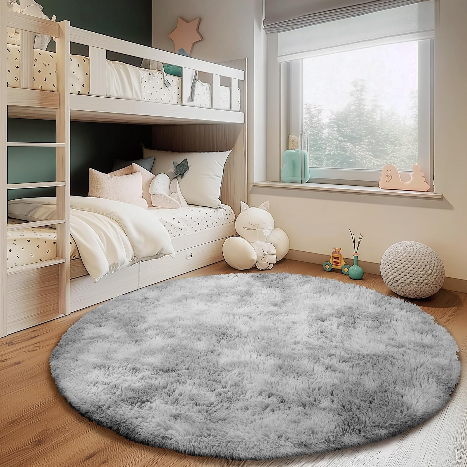 Puremy Round Rug for Bedroom, 5x5 Fluffy Circle Area Rugs for Kids Room, Soft Shaggy Circular Carpet for Nursery Living Room, Non-Slip Home Decor Rug for Teen's Room, Tie-Dye Light Grey