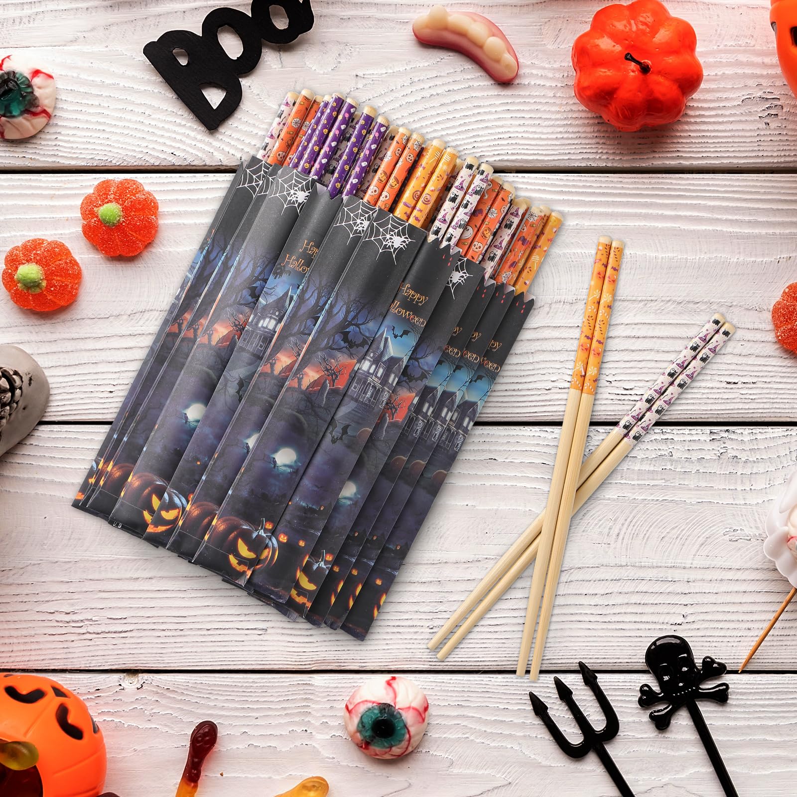 Halloween 50 Pairs 9.4Inch Bamboo Disposable Chopsticks - Sleeved and Separated, Party Gifts