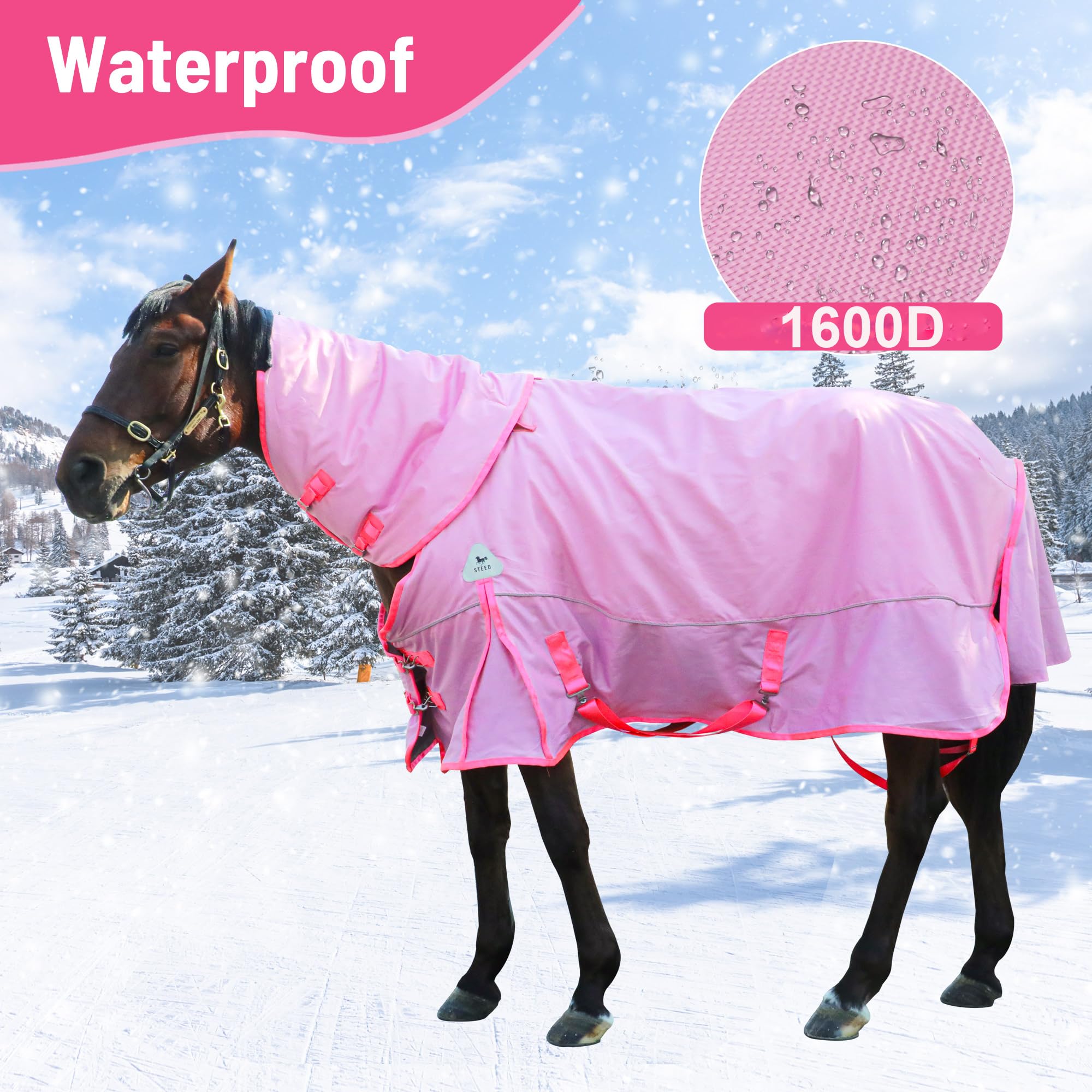 Turnout Blanket for Horses, Waterproof Thickened Horse Sheet with Detachable Neck Cover,1600D Nylon Outer, 400g Heavy Weight Filling (Pink, US 81IN(EU 155cm))