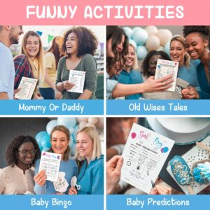 WOODAMORE Baby Gender Reveal Games for Guests - 4 Funny Baby Shower Games for Gender Reveal Party Decoration, Baby Shower Bingo Game, Boy Or Girl Gender Reveal Baby Prediction Cards, Old Wives Tales