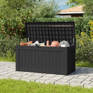 victone 120 gallon large deck box, outdoor lockable storage box for gardening tools, waterproof deck box for patio furniture, black