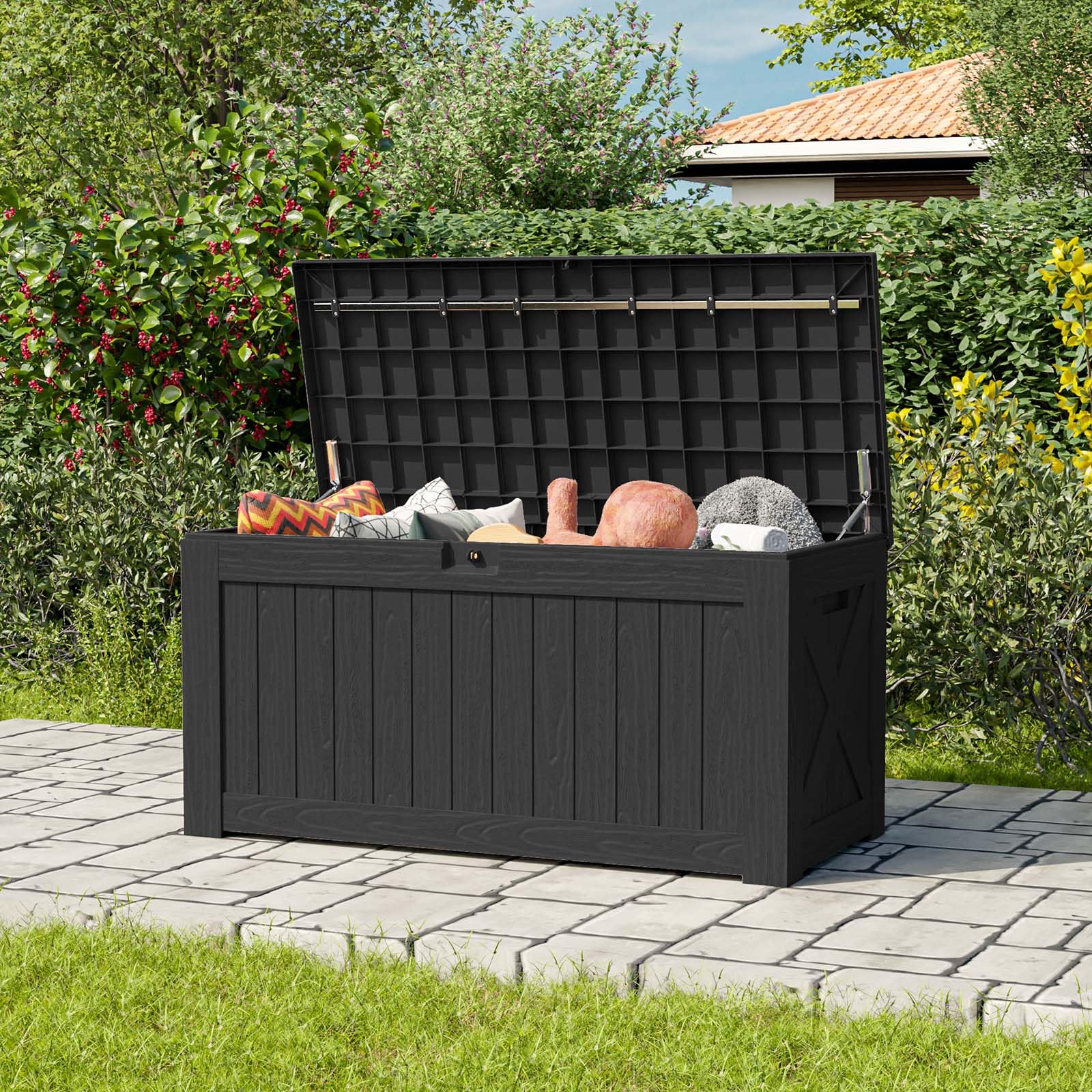 VICTONE 120 Gallon Large Deck Box, Outdoor Lockable Storage Box for Gardening Tools, Waterproof Deck Box for Patio Furniture, Black