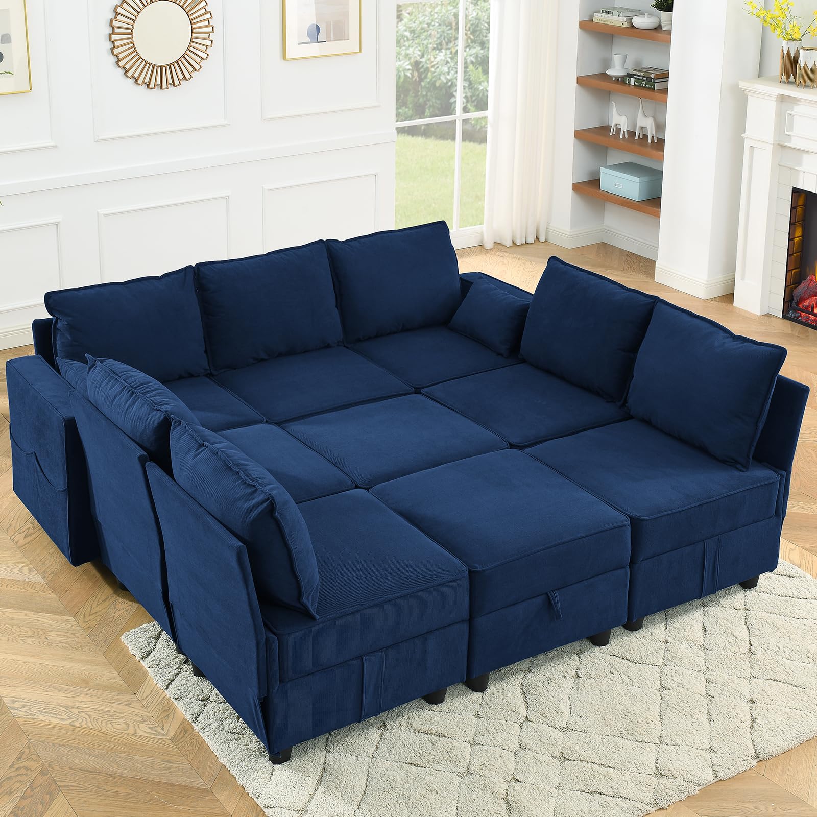 WinJoy 138 Inches 9 Seats Corduroy Storage Modular Sofa, U-Shaped Navy Blue Sectional Sofa with Ottomans for Living Room, Luxury Modular Couch Bed