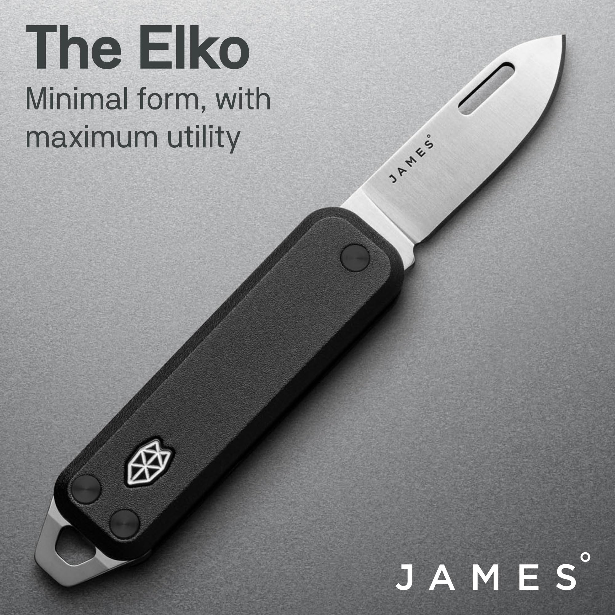 JAMES° The Elko Folding Utility Knife minimal EDC Featuring a Compact 1.7" Black Stainless Steel Blade, Pry Bar and Flat-Head Screwdriver, Black Grip