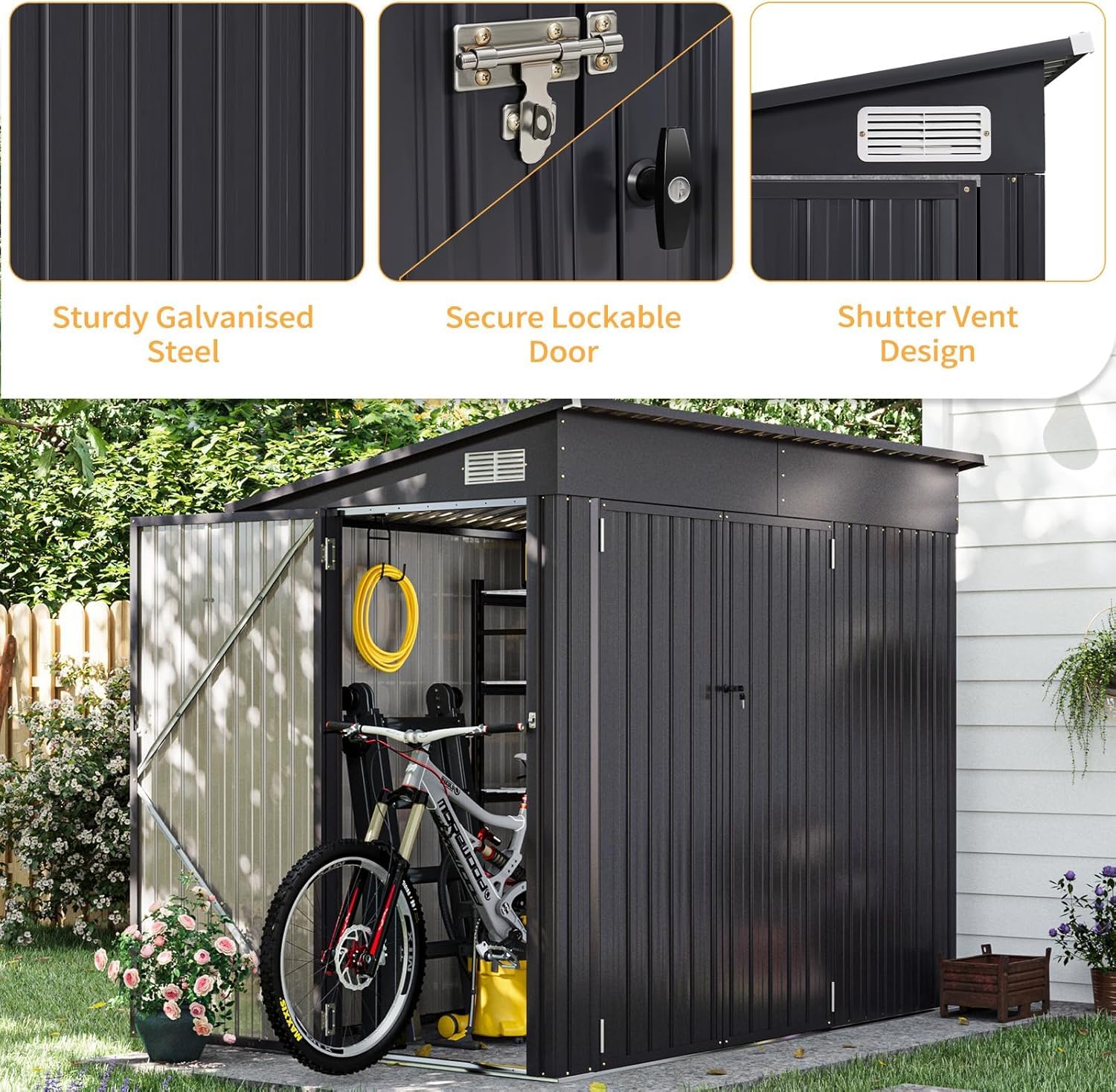 Aoxun 4' x 8' Shed Outdoor Storage Shed with Triple Lockable Door Metal Storage Cabinet with Slopping Roof for Tools Bicycles Storage for Garden, Patio, Courtyard