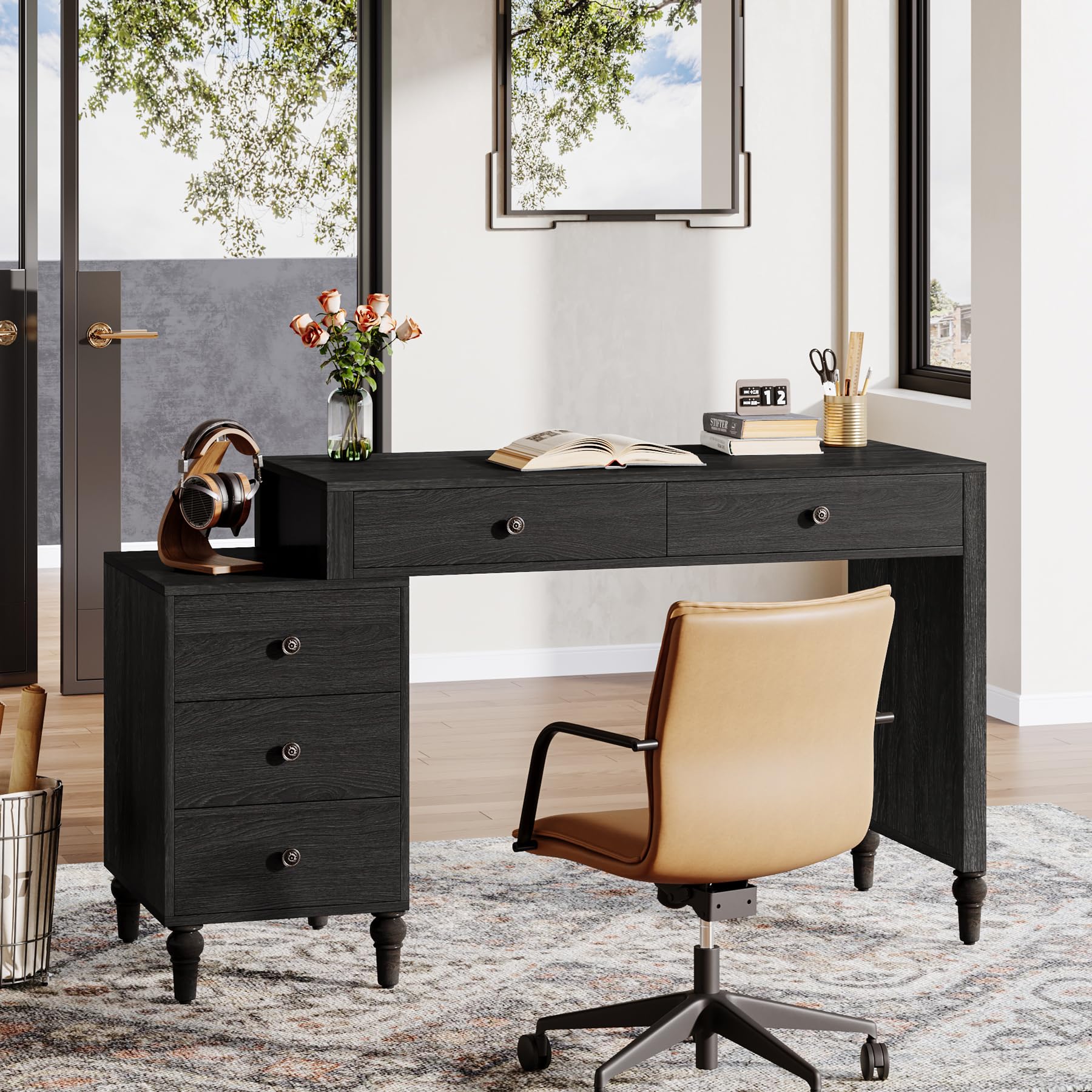 Tribesigns Computer Desk with 5 Drawers, Wood Home Office Desk with Reversible File Drawers and Printer Stand, Ash Black Writing Desk, Study Table Workstation for Small Spaces