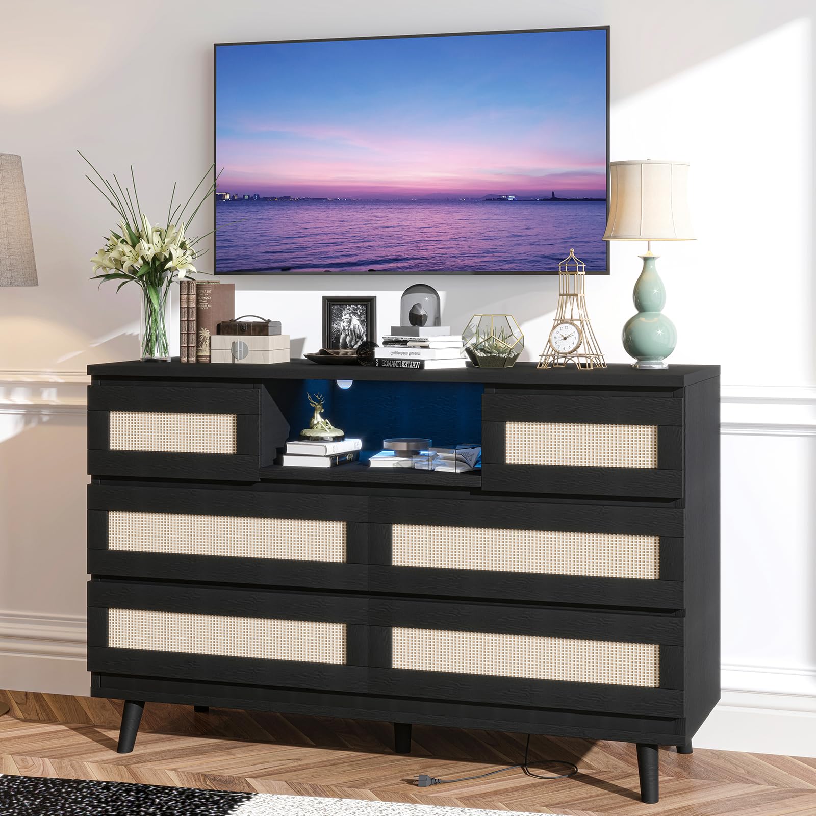 Rattan Dresser for Bedroom with Led Light and Charging Station, 6 Drawer Double Dressers, Modern Wooden Dresser Chest, Beside Table for Closet, Nursery, Living Room,Black