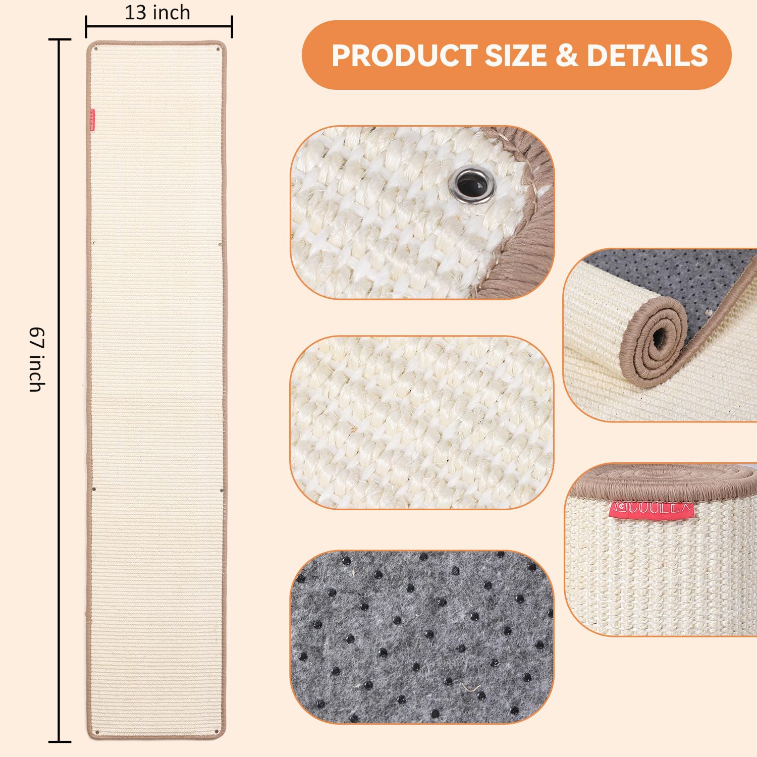 66.93x13.38x0.32 inch Thickened Cat Wall Scratcher Carpet, Cat Climbing Wall, Durable Cat Wall Furniture, Tall Cat Scratching Post, Wall Scratchers for Indoor Cats, Couch Sofa Protector (Beige)