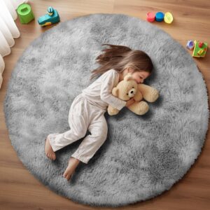 Puremy Round Rug for Bedroom, 5x5 Fluffy Circle Area Rugs for Kids Room, Soft Shaggy Circular Carpet for Nursery Living Room, Non-Slip Home Decor Rug for Teen's Room, Tie-Dye Light Grey