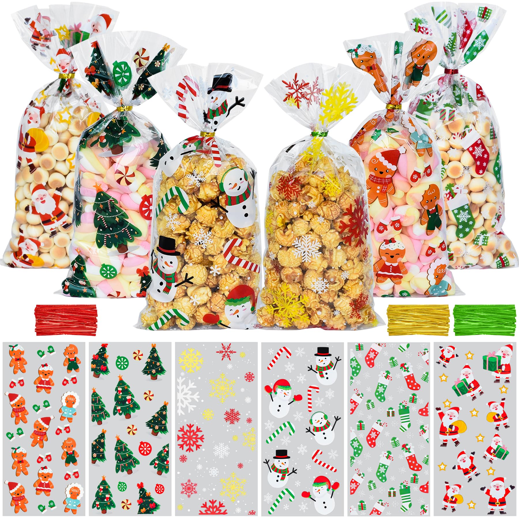 Tindobewan Christmas Treat Bags, 120Pcs Xmas Cellophane Goodie Bags with Twist Ties for Snacks Cookies Candy Gift Packing, Christmas Party Favors Supplies（10.6 x 5.1 Inches）