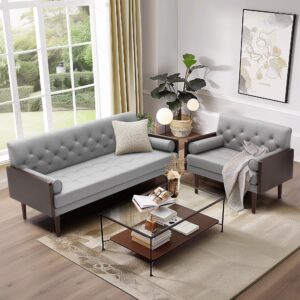 PATIOHIT Faux Leather Couch Modern 72" Sofa Couch with 2 Bolster Pillows Mid Century Modern Upholstered Loveseat Sofa Couch for Living Room Apartment Office (Grey)