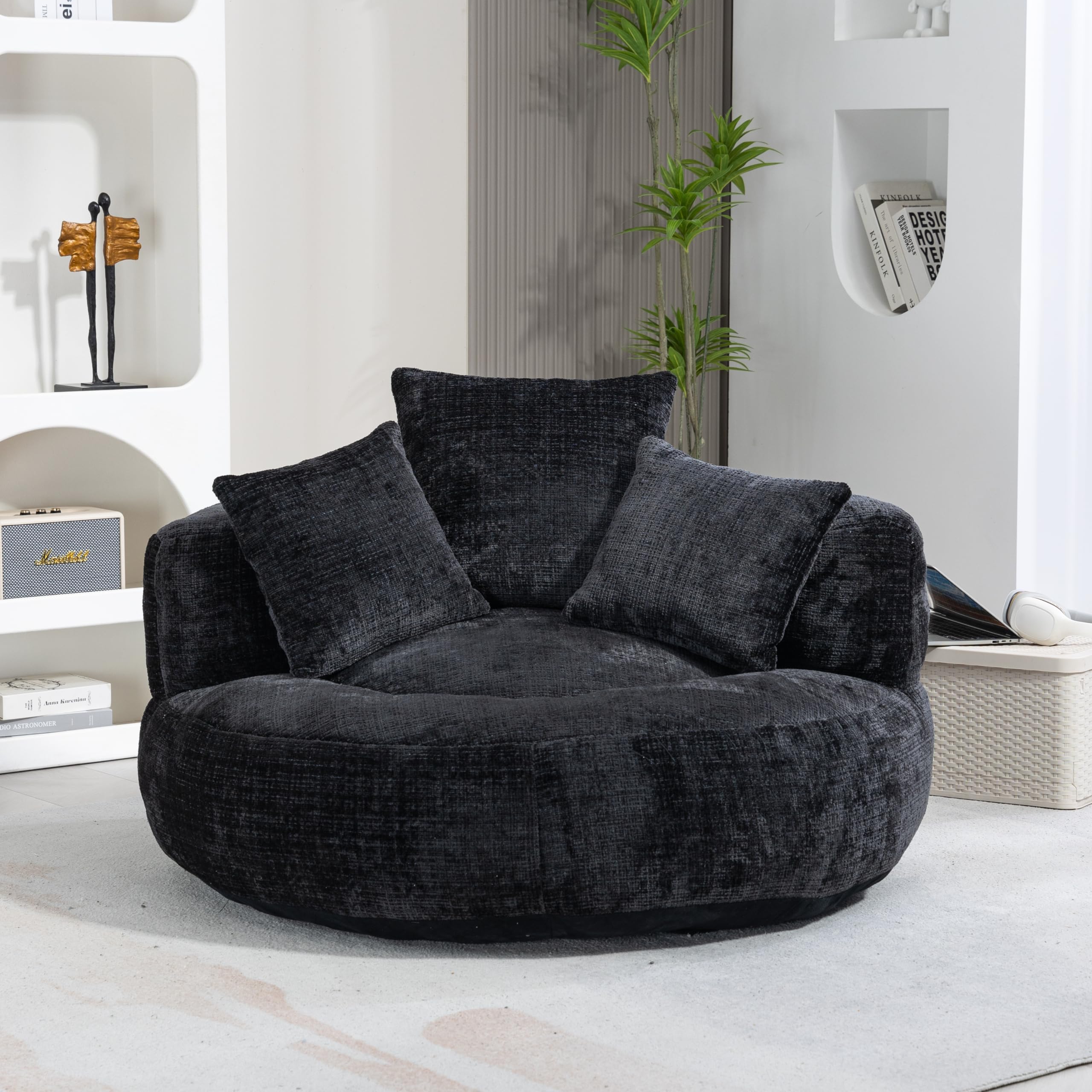 TZXTW Comfort Bean Bag Chair, Chenille Fabric Upholstered Lazy Sofa, Modern Lounge Chair with Three Pillows for Living Room, Single Sofa Couch Reclining Sleeper Chair for Bedroom, Office,Balck