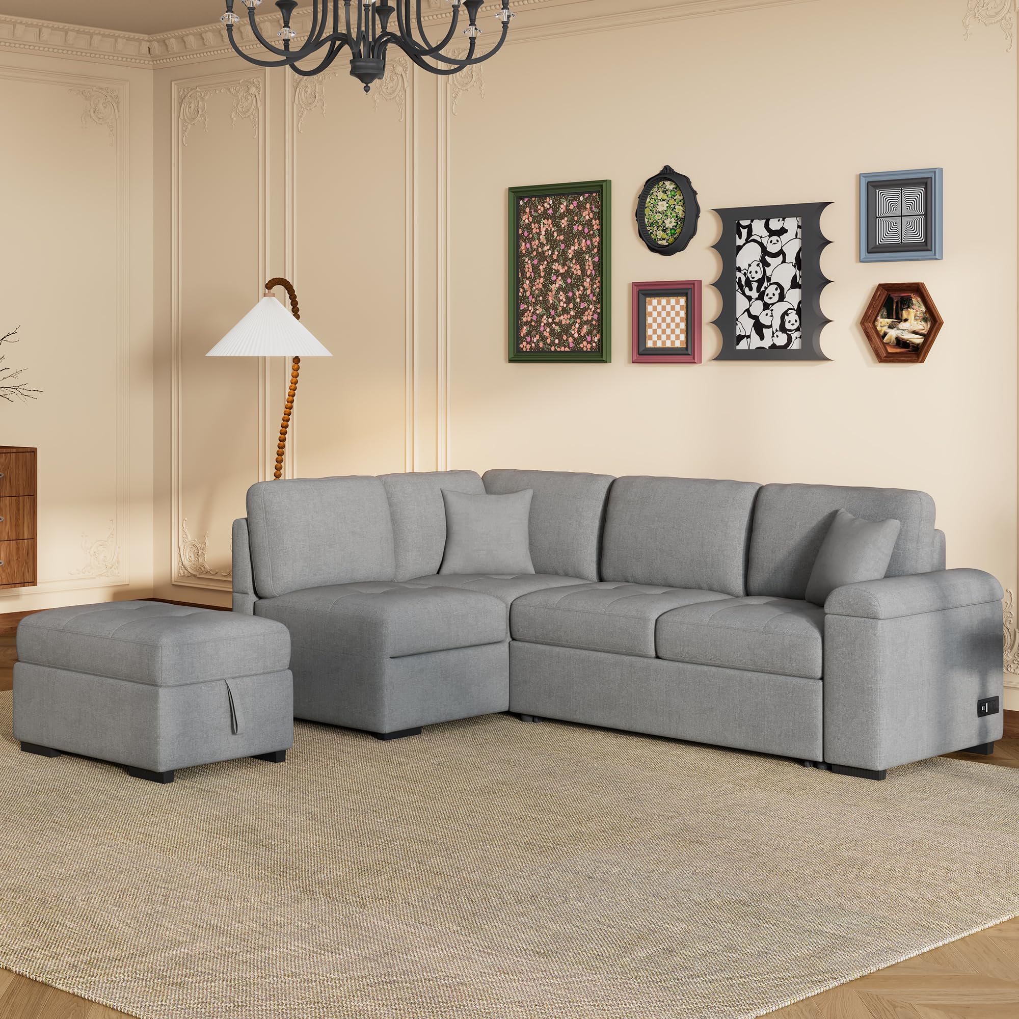 Ball & Cast 85" Sectional Sofa W/Movable Storage Ottoman,Velvet L-Shaped Corner Couch with Hidden Arm Storage & USB Charge,for Living Room,Bedroom,Gray