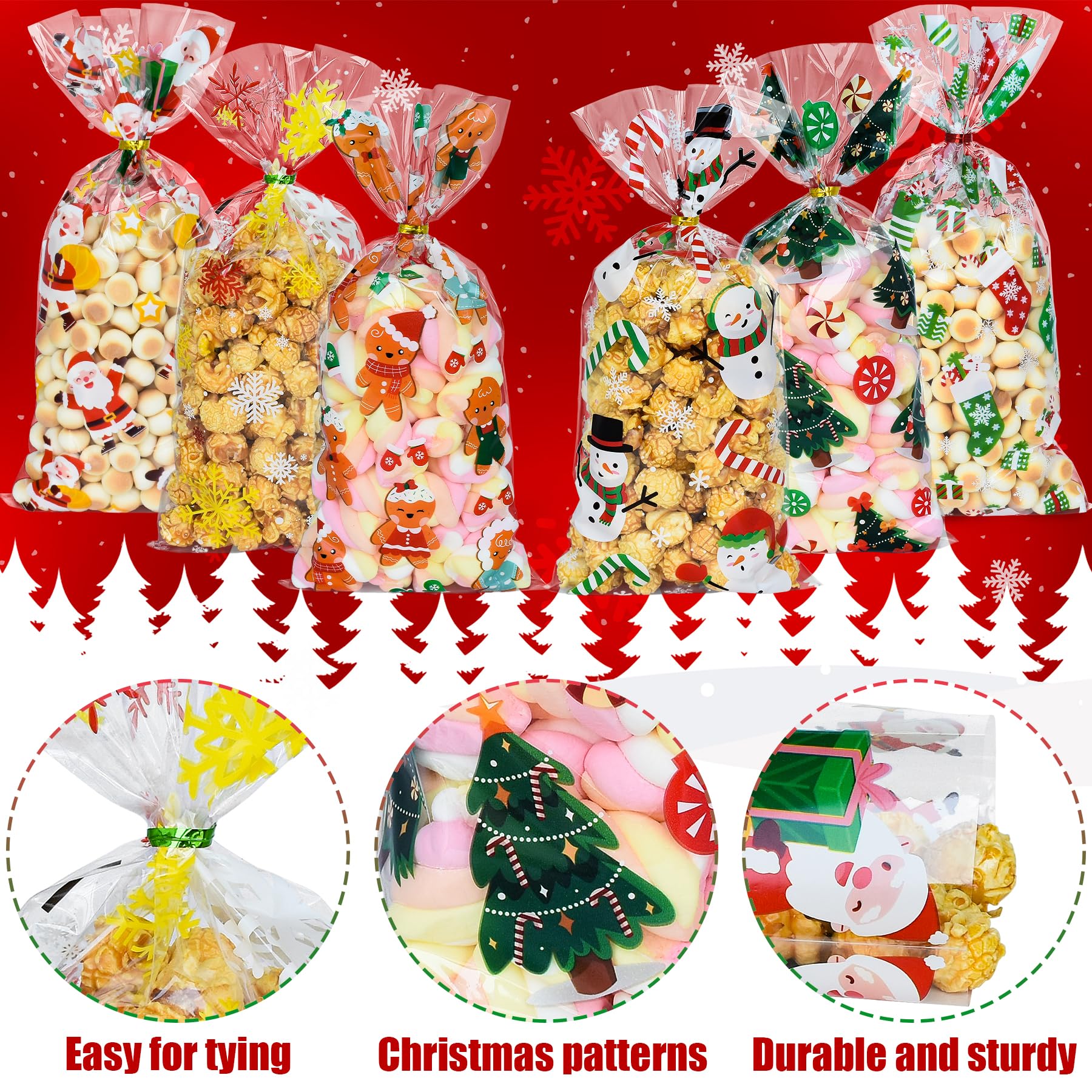 Tindobewan Christmas Treat Bags, 120Pcs Xmas Cellophane Goodie Bags with Twist Ties for Snacks Cookies Candy Gift Packing, Christmas Party Favors Supplies（10.6 x 5.1 Inches）