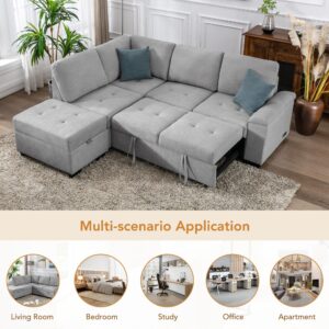 Ball & Cast 85" Sectional Sofa W/Movable Storage Ottoman,Velvet L-Shaped Corner Couch with Hidden Arm Storage & USB Charge,for Living Room,Bedroom,Gray