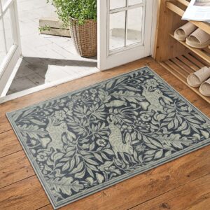 lahome forest indoor entryway rug, washable rabbit soft rugs 2x3 for bathroom, vintage woodcut print dark gray mat, stain resistant small rugs for bedroom decor (dark gray, 2'x3')