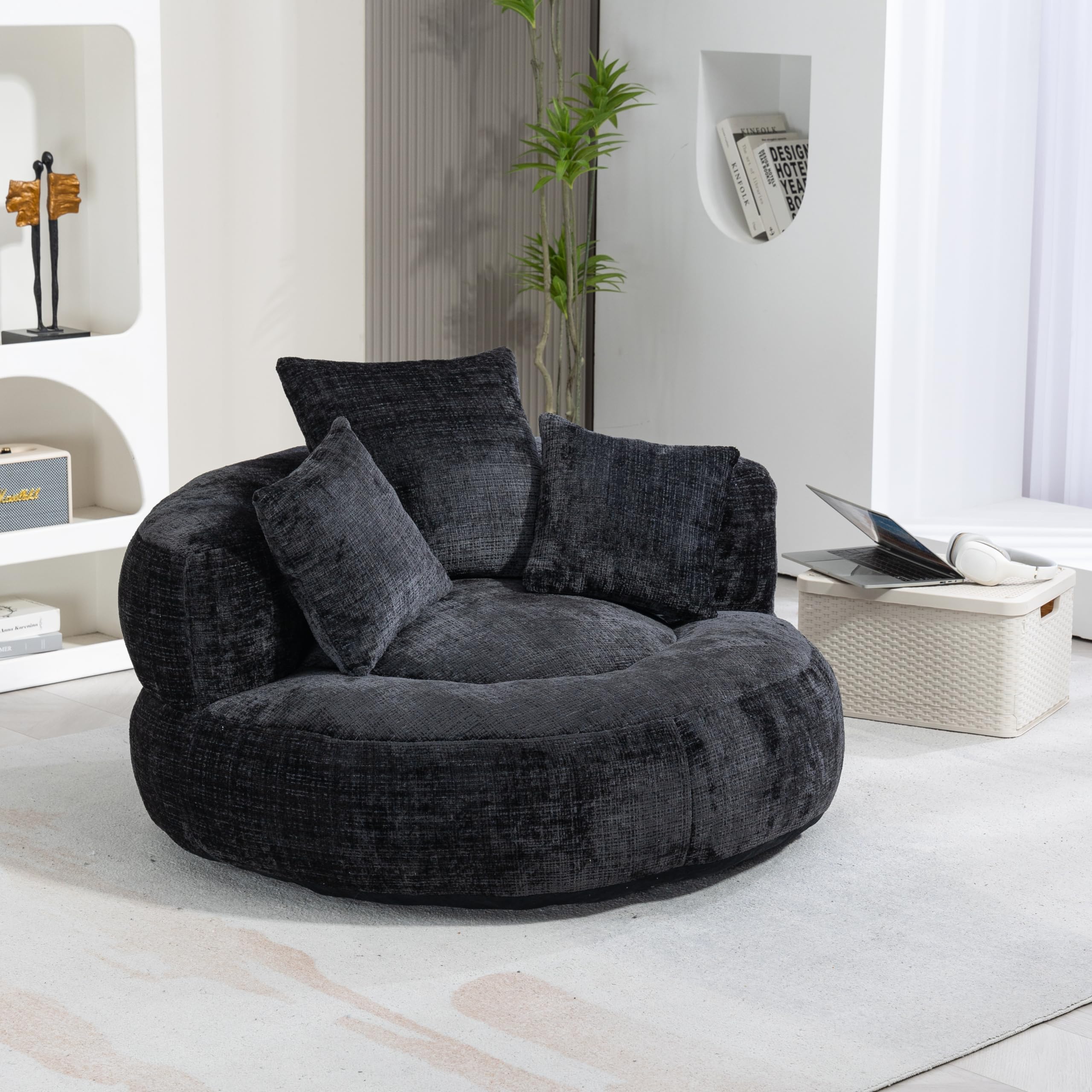 TZXTW Comfort Bean Bag Chair, Chenille Fabric Upholstered Lazy Sofa, Modern Lounge Chair with Three Pillows for Living Room, Single Sofa Couch Reclining Sleeper Chair for Bedroom, Office,Balck