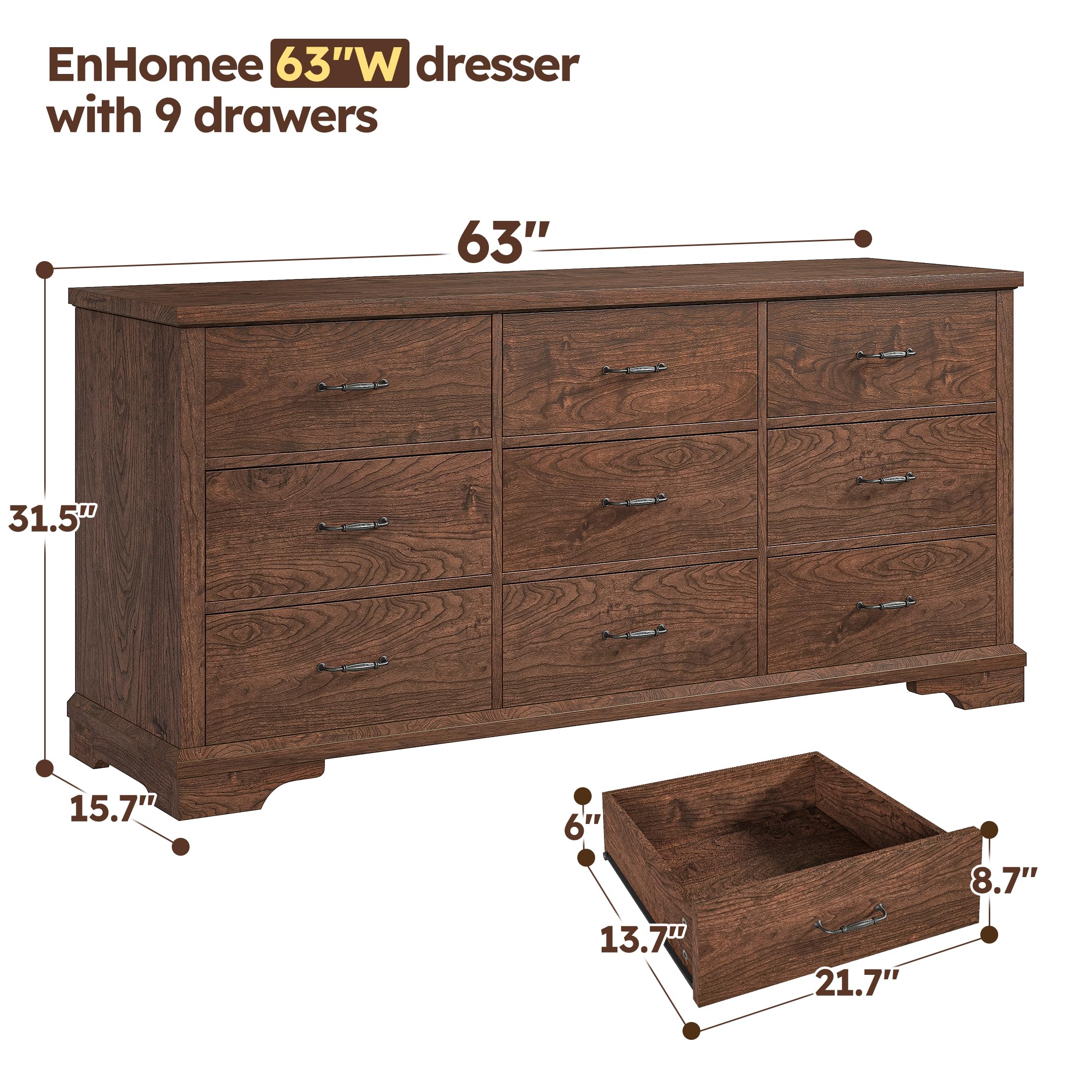 EnHomee 9 Drawers Dresser, 63" W Farmhouse Dressers for Bedroom Dressers with 9 Drawers, Solid Wood Dresser TV Stand with Large Metal Handle, Modern Wood Drawer Organizer for Closet (Rsutic Brown)