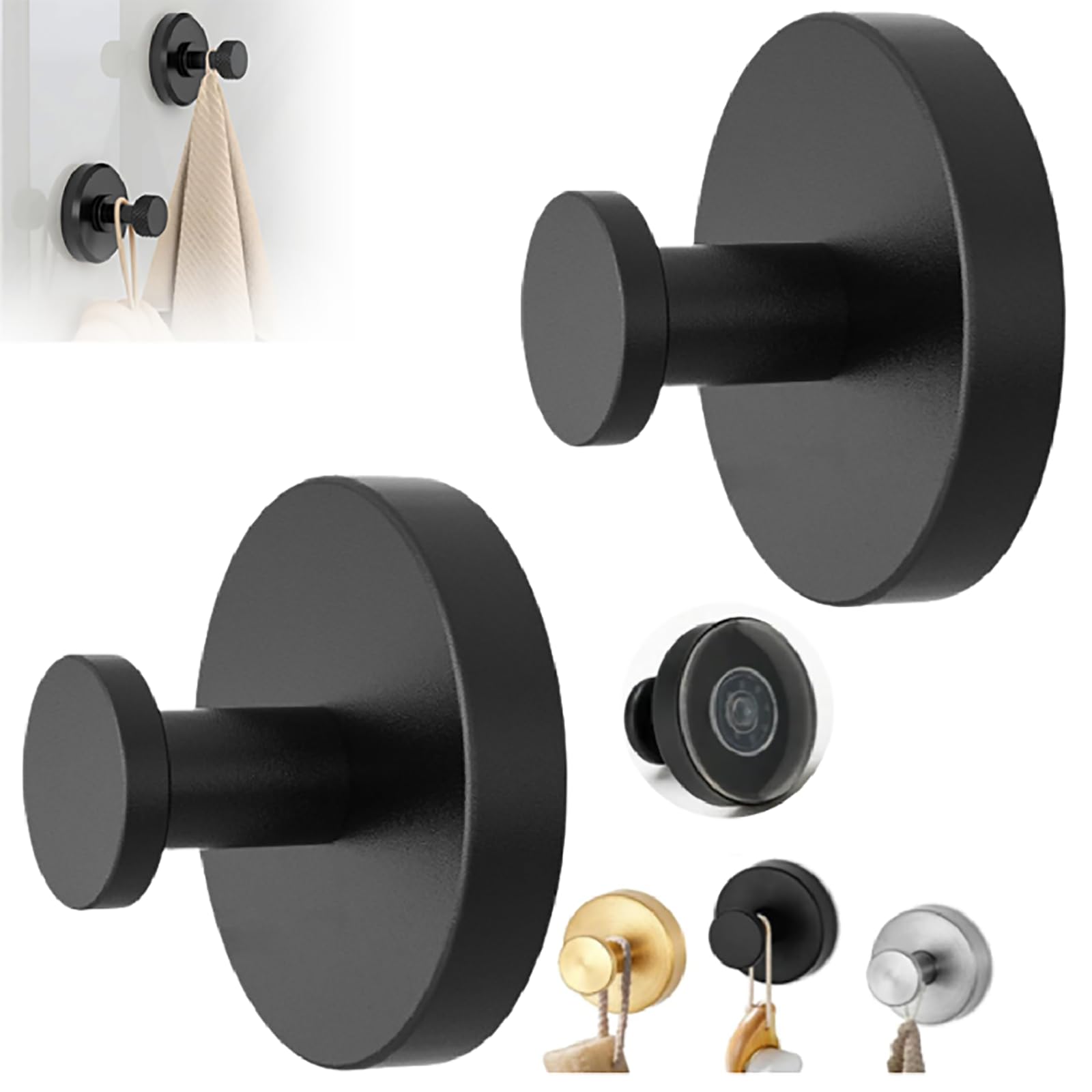 Suction Cup Hooks, 2024 Upgrade No-Drill Hook Stainless Steel Waterproof Suction Cup Hooks for Shower Bathroom Kitchens Hanging Towels Suction Cup Hooks for Showers Home Kitchen (Black, 2 Pack)