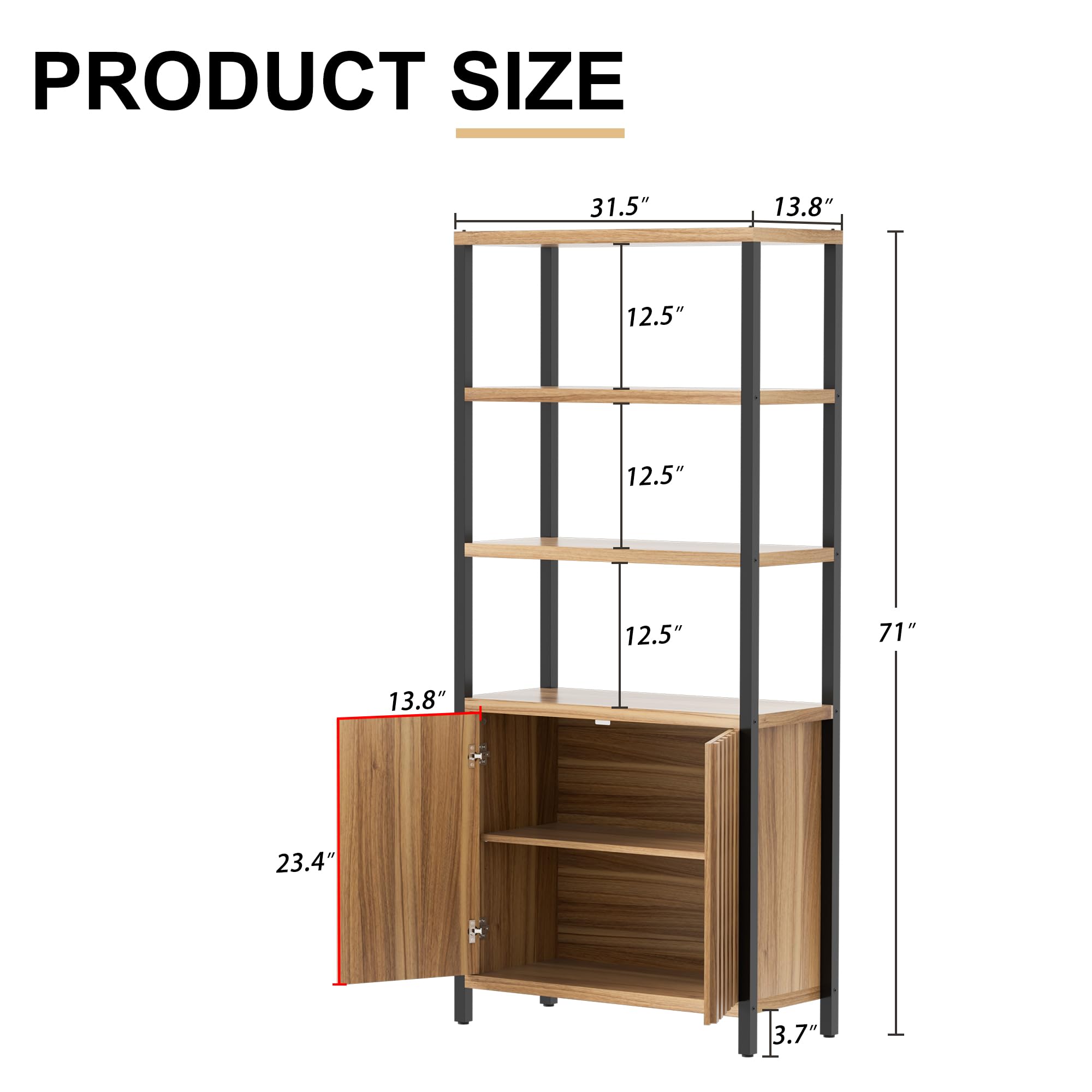 UEV Bookshelf 5 Tier Wood Boho Bookshelf with Storage Door,Fluted 71 in Tall Bookshelf with Metal Stand,Mid Century Modern Large Accent Bookcase for Living Room,Bed Room (Wood, 2 Piece)