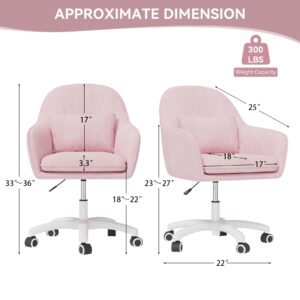 Nalupatio Home Office Chair,Swivel Height Adjustable Upholstered Velvet Computer Task Chair, Vanity Makeup Chair with Wheel&Pillow,Mid-Back Modern Accent Chair for Bedroom Reading Room,Light Pink