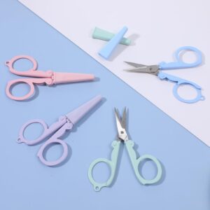 4 Pcs Badge Reel Scissors Mini Folding Scissors Portable Stainless Steel Scissors Small Scissors with Cover Folding Scissors Travel Mini Shear Tiny Cutter for Cutting Crafting Sewing Home Travel Use