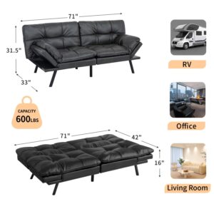 MUUEGM Futon Sofa Bed, 71" Convertible Faux Leather Futon Couch Bed, Modern Sleeper Sofa for Living Room,Small Space,Office,Adjustable Backrests Armrests Couch, Matte Black