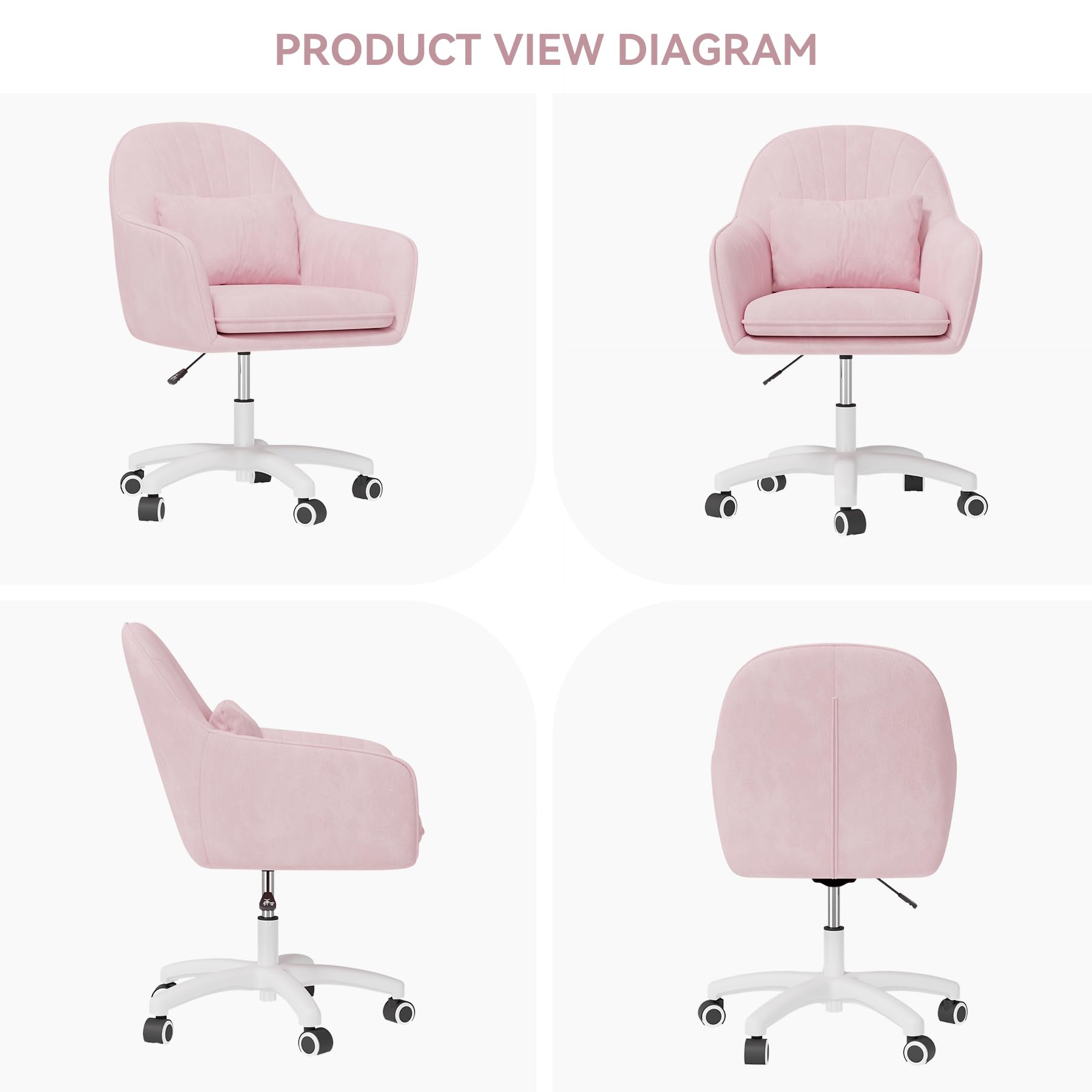 Nalupatio Home Office Chair,Swivel Height Adjustable Upholstered Velvet Computer Task Chair, Vanity Makeup Chair with Wheel&Pillow,Mid-Back Modern Accent Chair for Bedroom Reading Room,Light Pink