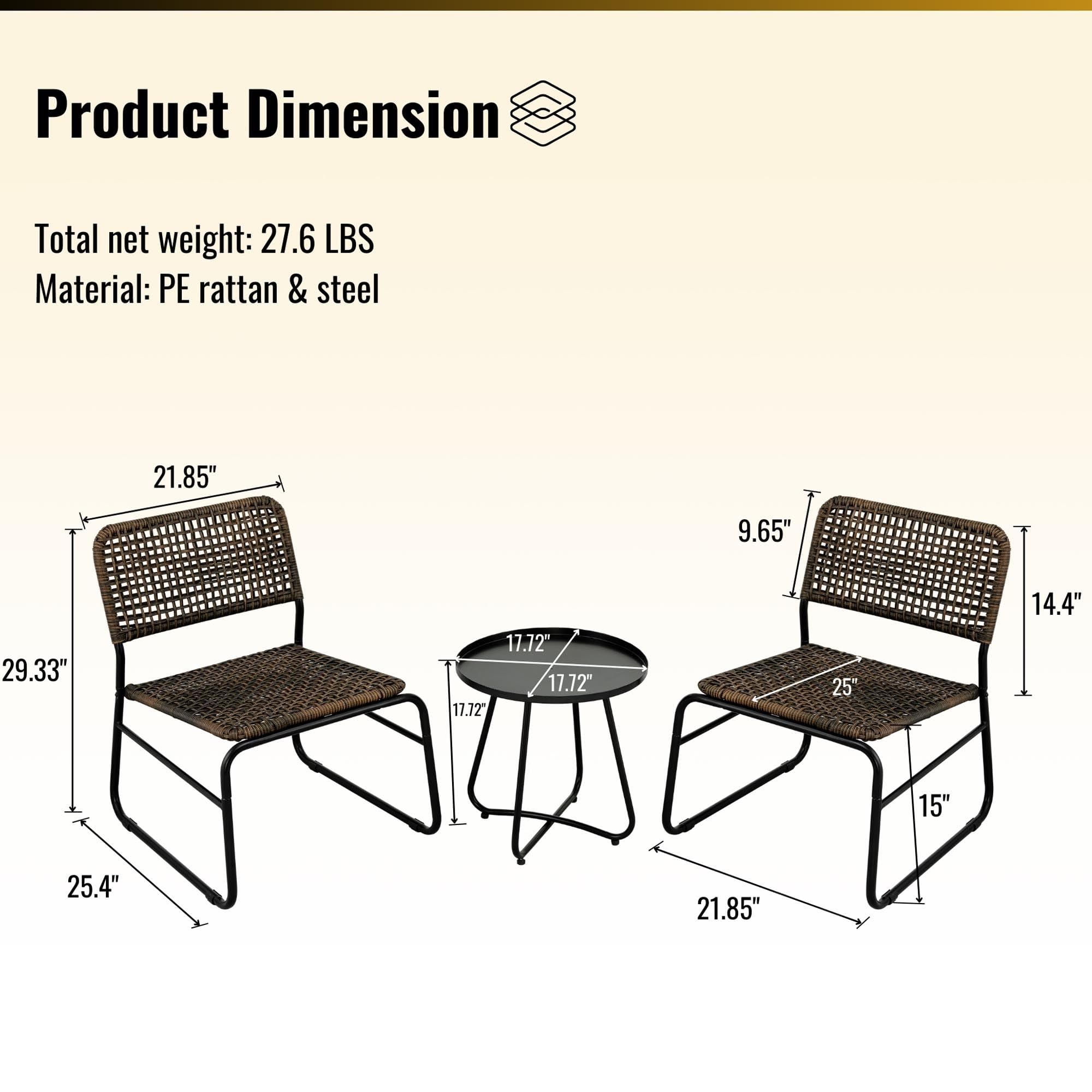 3 Piece Patio Furniture Set, 3 Pieces Patio Bistro Set, Front Porch Chairs Conversation Set, Outdoor Rattan Furniture with Round Table and 2 Armchairs for Lawn, Garden, Pool, Backyard, Black