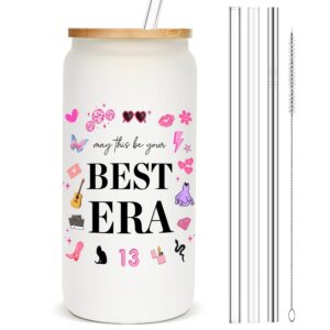 eddirayla may this be your best era themed gifts, birthday gift idea for women, merch, 16oz glass cup with lid and straws, iced coffee mug, glass tumbler, water bottle, stuff, items, be