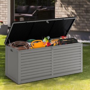 segmart 130 gallon outdoor storage box, waterproof lockable deck box, equipped with handles, easy to move, suitable for gardens, yards (gray)