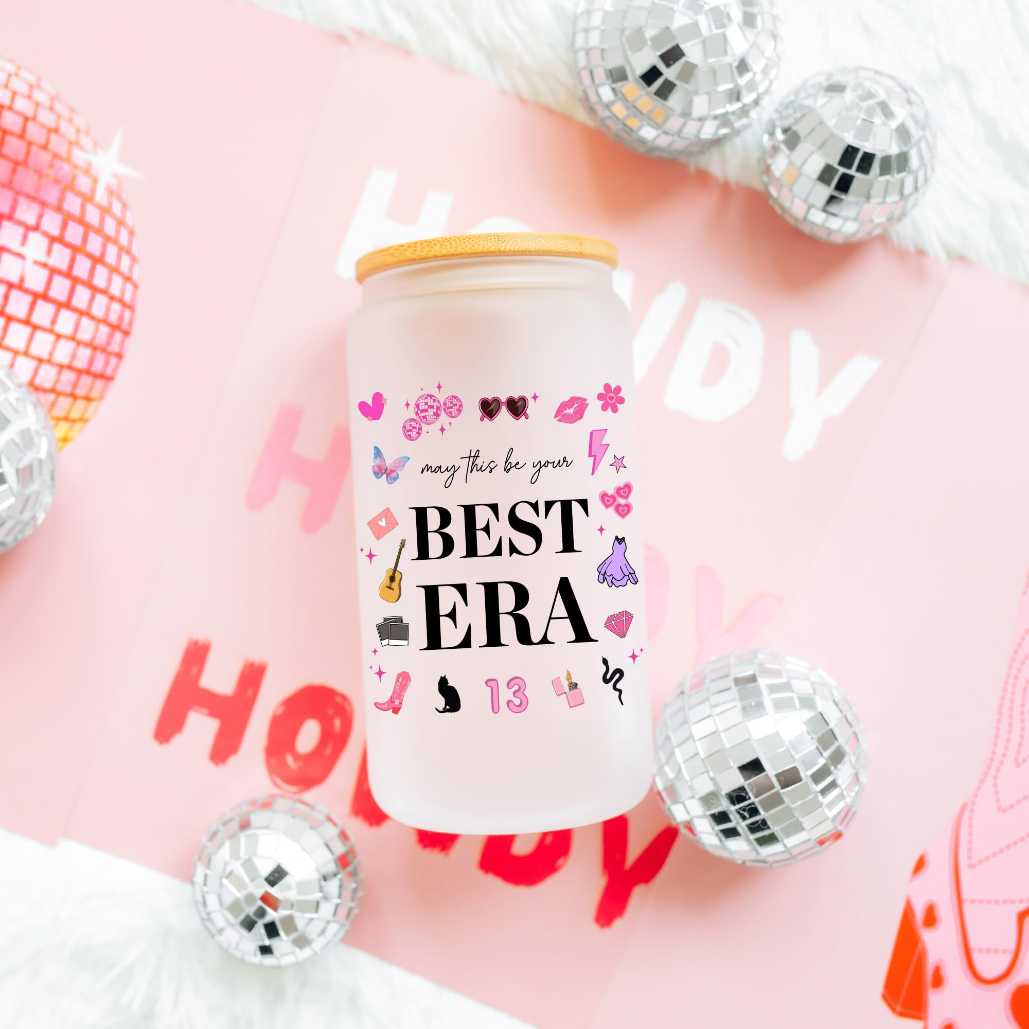 Eddirayla May This Be Your Best Era Themed Gifts, Birthday Gift Idea for Women, Merch, 16oz Glass Cup with Lid and Straws, Iced Coffee Mug, Glass Tumbler, Water Bottle, Stuff, Items, BE