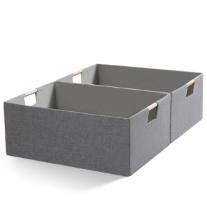 foldable fabric storage cubes, 2 packs cloth storage baskets with wooden handles, collapsible shelf closet organizer bins, rectangular storage boxes for decor (gray)