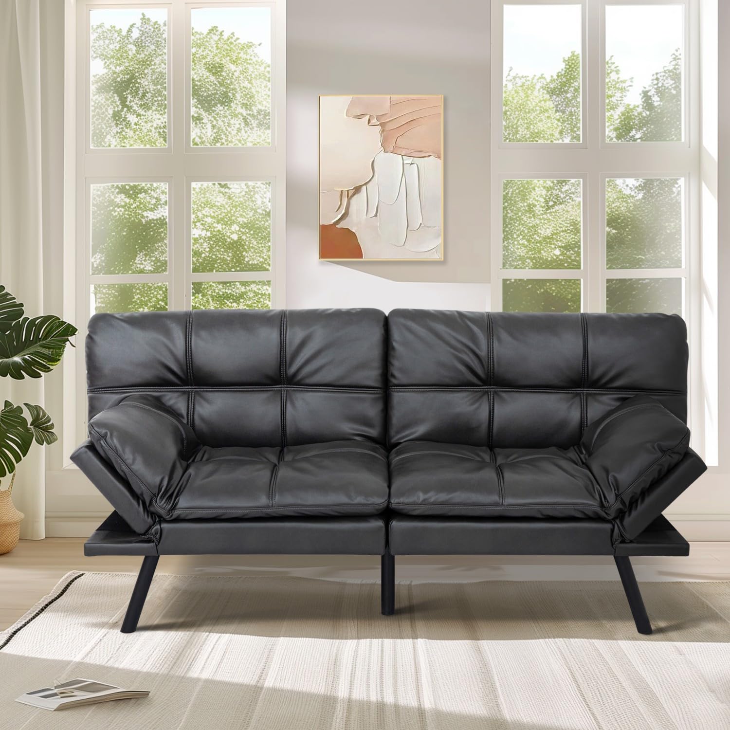 MUUEGM Futon Sofa Bed, 71" Convertible Faux Leather Futon Couch Bed, Modern Sleeper Sofa for Living Room,Small Space,Office,Adjustable Backrests Armrests Couch, Matte Black