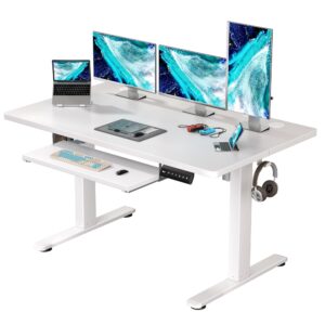 gallopfun 55 x 24'' electric standing desk adjustable height rising desk for home office, computer desk workstation with keyboard tray, headphone hook, memory presets (white)