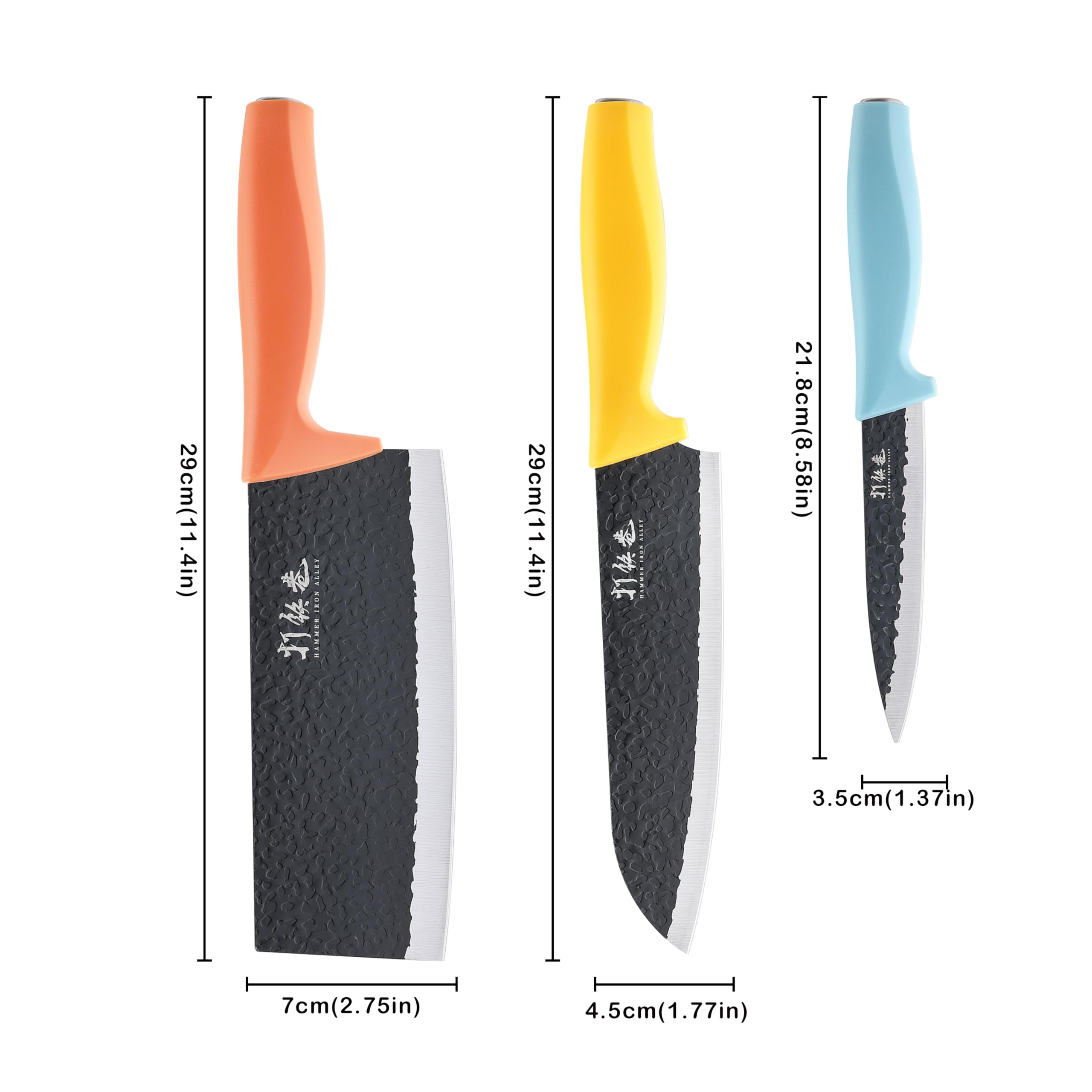 3PCS Kitchen Knives, HIA Stainless Steel Chef Knife Set, Includes 7 inch Chef Knife, 7 inch Cleaver Knife and 4.5 inch Boning Knife, Ultra Sharp Blade with Ergonomic ABS Handle (Blue, Yellow, Orange)