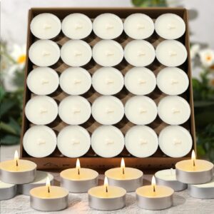 MAKALONE Soy Wax Tea Lights Candles 100 Pack,Natural White Soy Tealight Candles-4 Hours Long Burning,Paraffin-Free,Unscented,Clean Burn Tea Lights Votive Candles Bulk for Home Dinner,Weddings