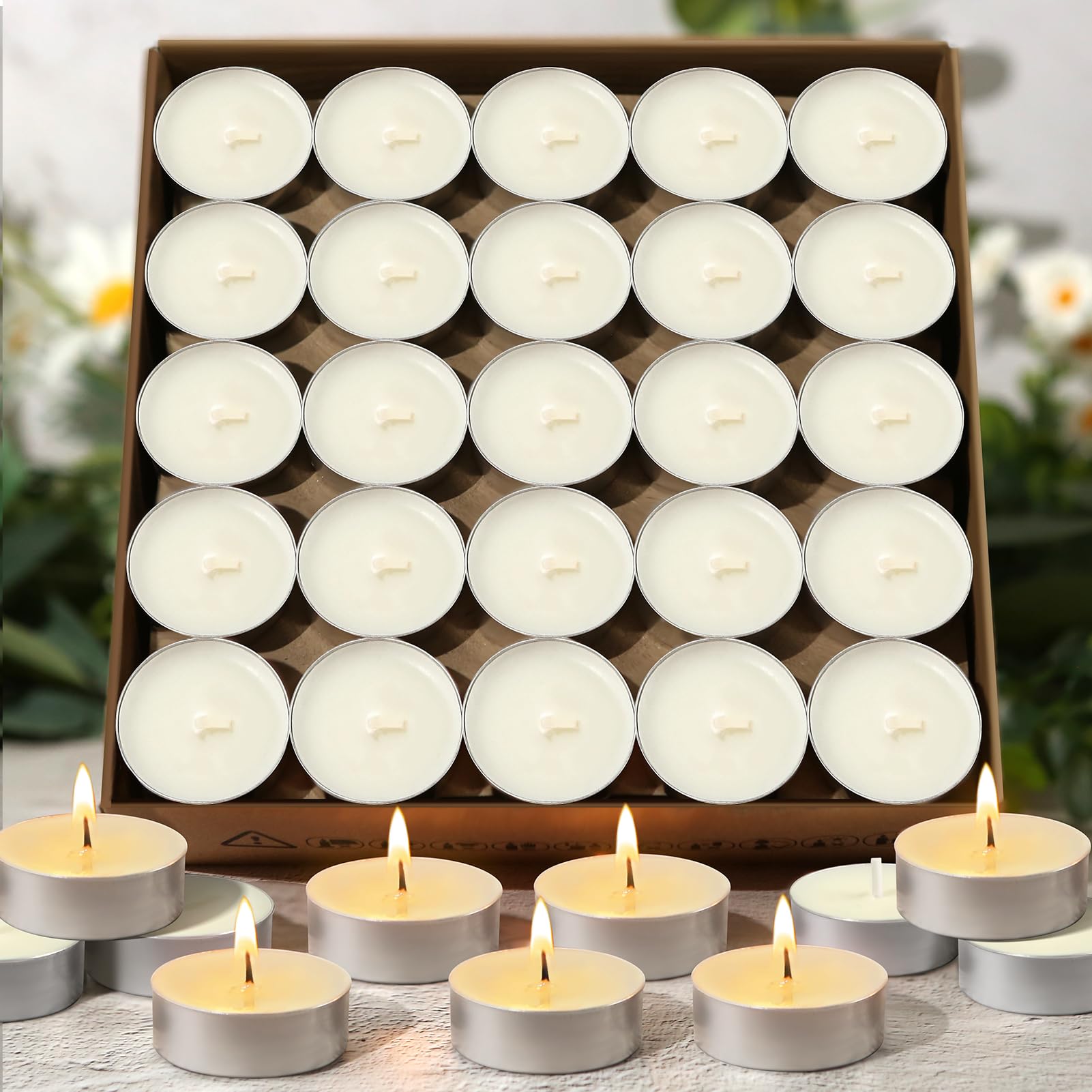 MAKALONE Soy Wax Tea Lights Candles 100 Pack,Natural White Soy Tealight Candles-4 Hours Long Burning,Paraffin-Free,Unscented,Clean Burn Tea Lights Votive Candles Bulk for Home Dinner,Weddings