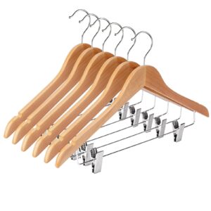 ulimart wooden hangers with clips 12 pack wooden pants hangers,skirt hangers with clips,adjustable heavy duty clip hangers,hangers for pants,jeans,slacks,shorts （natural）