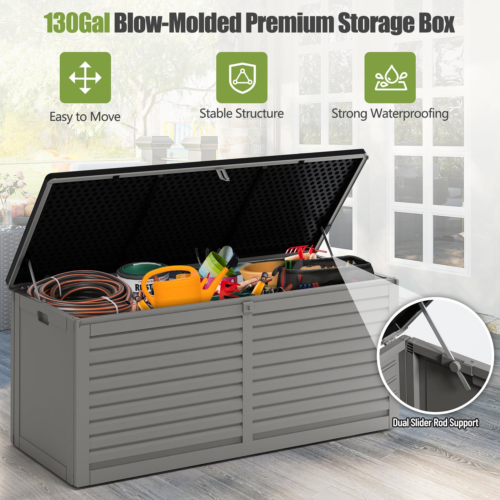 SEGMART 130 Gallon Outdoor Storage Box, Waterproof Lockable Deck Box, Equipped with Handles, Easy to Move, Suitable for Gardens, Yards (Gray)