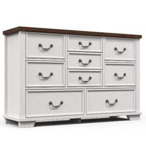 EnHomee Dresser for Bedroom with 9 Drawers, Rustic Wood Dressers & Chests of Drawers with Antique Handles and Smooth Rail, 51.97" Long Dresser TV Stand for Sitting Room, Entryway, Antique White