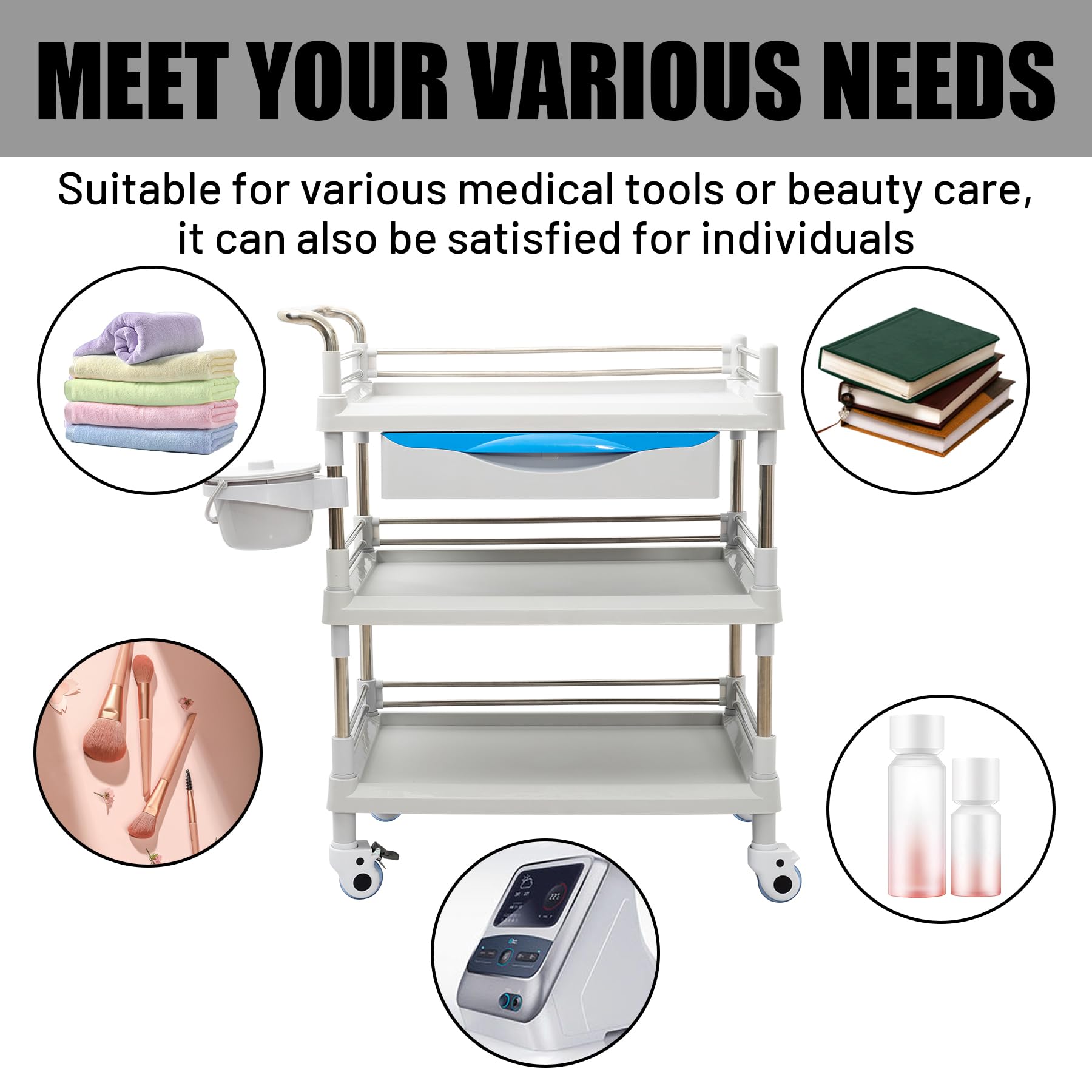 biosp Medical Trolley 3 Tier 500 LBS Heavy Duty Professional Utility Cart Beauty Salon Rolling Trolley with Swivel Casters, Dirt Bucket & Drawer for Hospital Dental Clinic, 38.58'' x 24.41'' x 16.34''